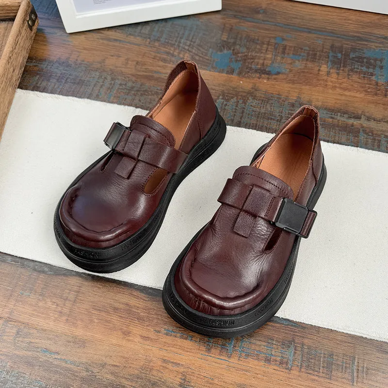 Babakud Women Spring Retro Leather Soft Sole Buckle Loafers