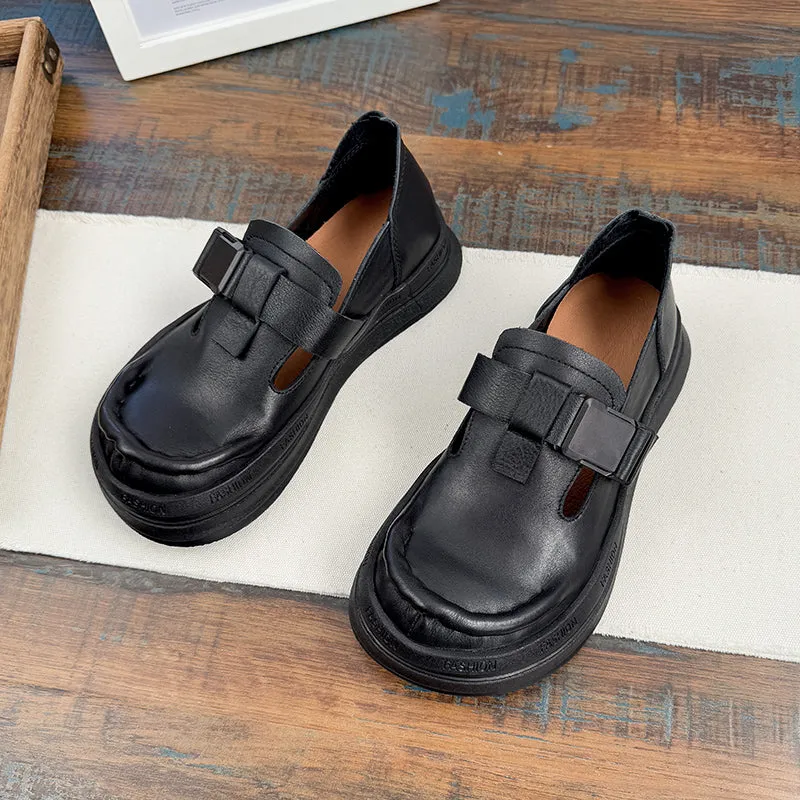 Babakud Women Spring Retro Leather Soft Sole Buckle Loafers