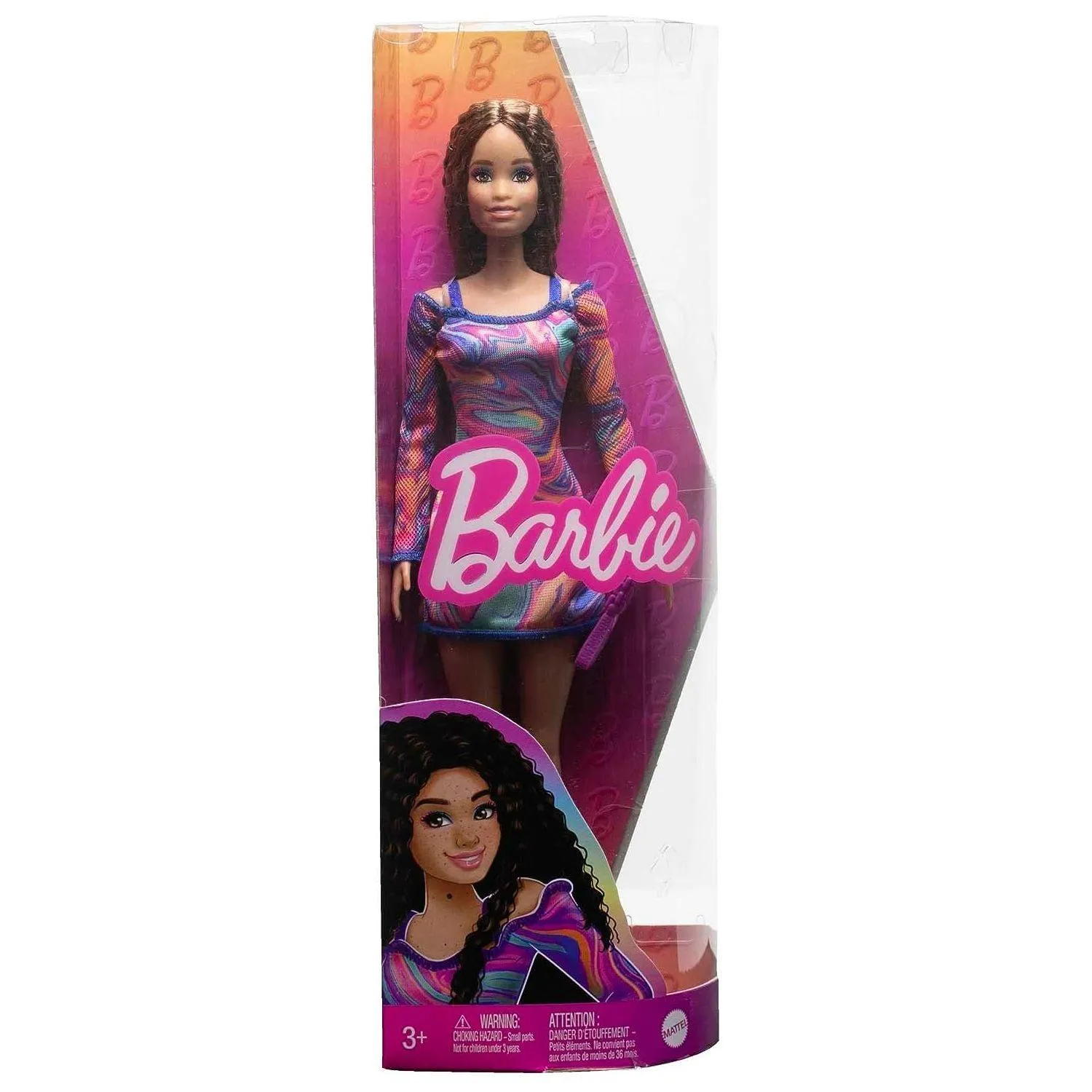 Barbie Fashionistas Doll #206 with Crimped Hair & Freckles, Rainbow Marble-Print Dress, Green Mules & Purse