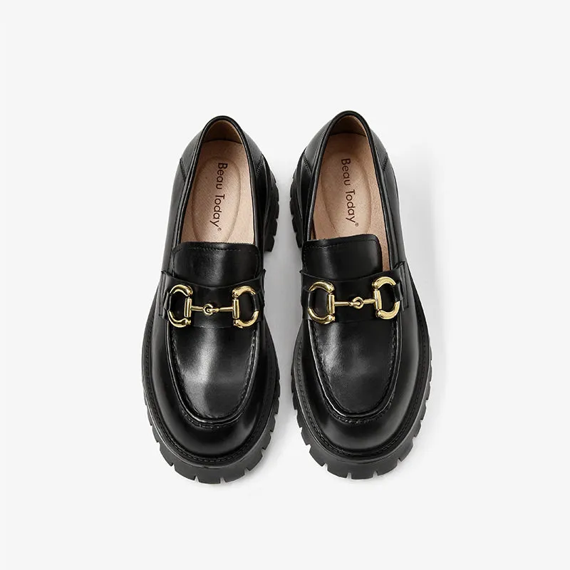 BeauToday Metal Decoration Leather Chunky Loafers for Women
