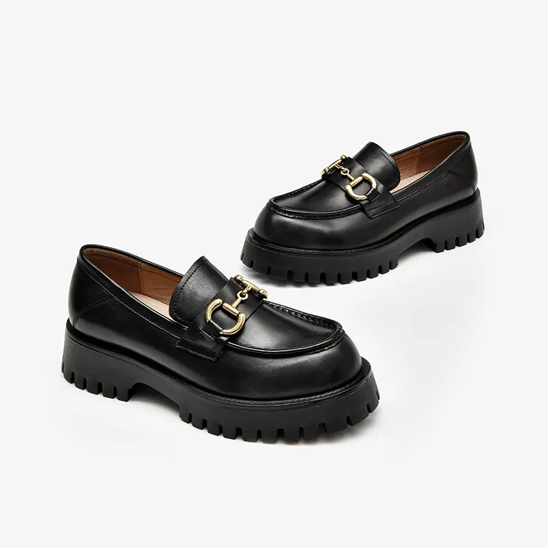 BeauToday Metal Decoration Leather Chunky Loafers for Women