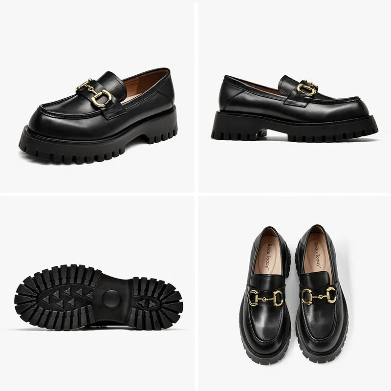 BeauToday Metal Decoration Leather Chunky Loafers for Women