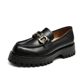 BeauToday Metal Decoration Leather Chunky Loafers for Women