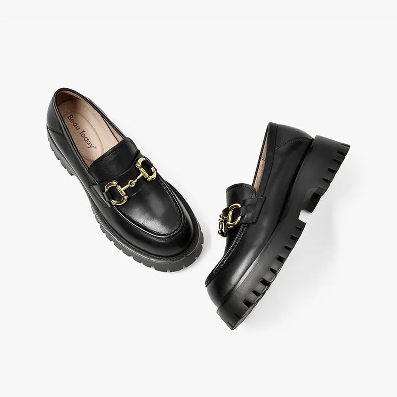 BeauToday Metal Decoration Leather Chunky Loafers for Women