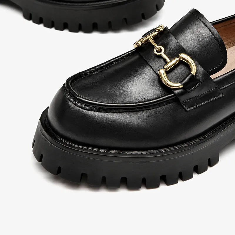 BeauToday Metal Decoration Leather Chunky Loafers for Women