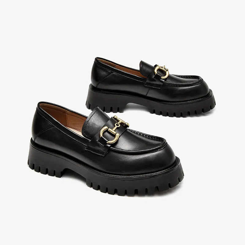 BeauToday Metal Decoration Leather Chunky Loafers for Women