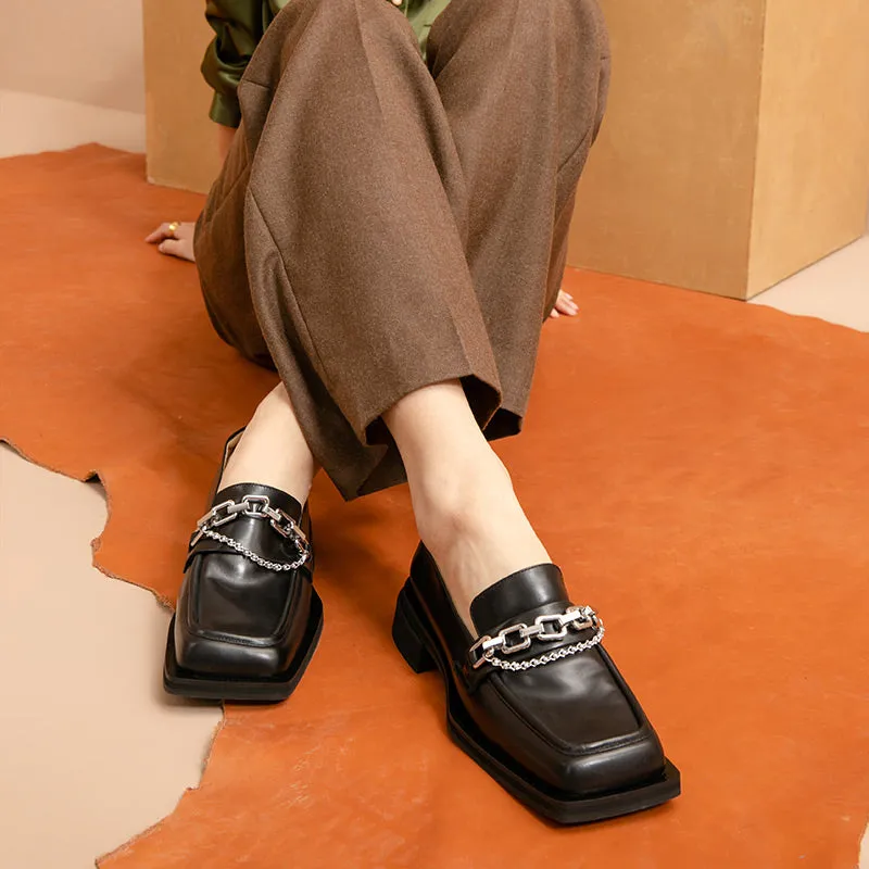 BeauToday Square Toe Leather Loafers with Metal Chain for Women