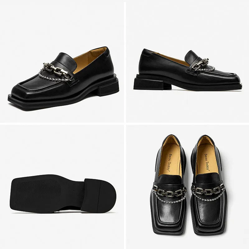 BeauToday Square Toe Leather Loafers with Metal Chain for Women