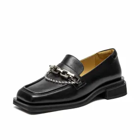 BeauToday Square Toe Leather Loafers with Metal Chain for Women