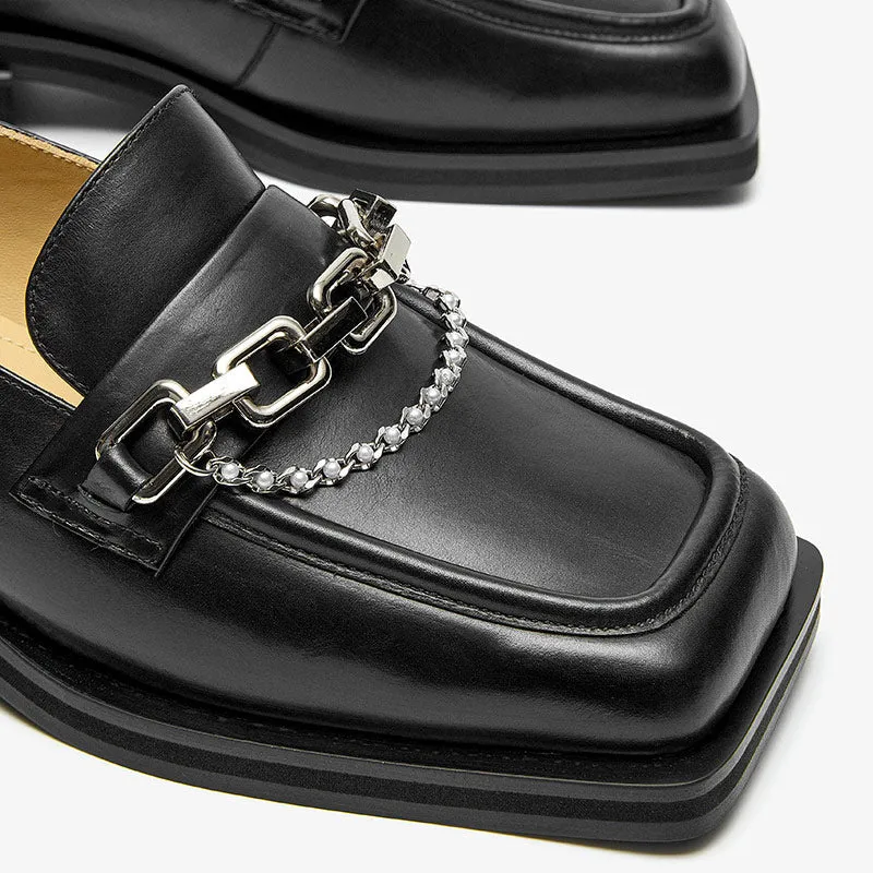 BeauToday Square Toe Leather Loafers with Metal Chain for Women