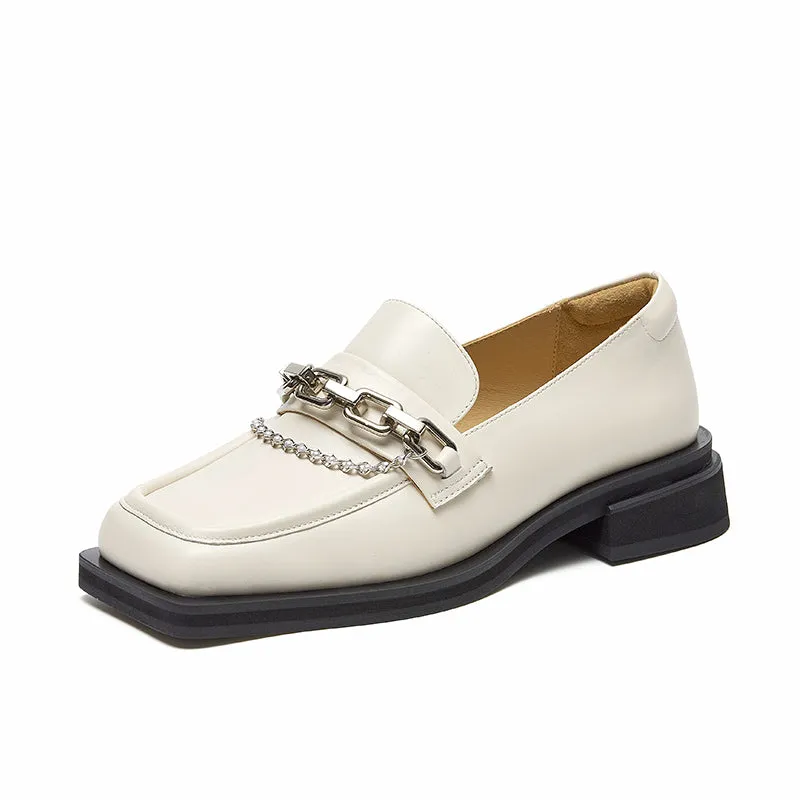BeauToday Square Toe Leather Loafers with Metal Chain for Women