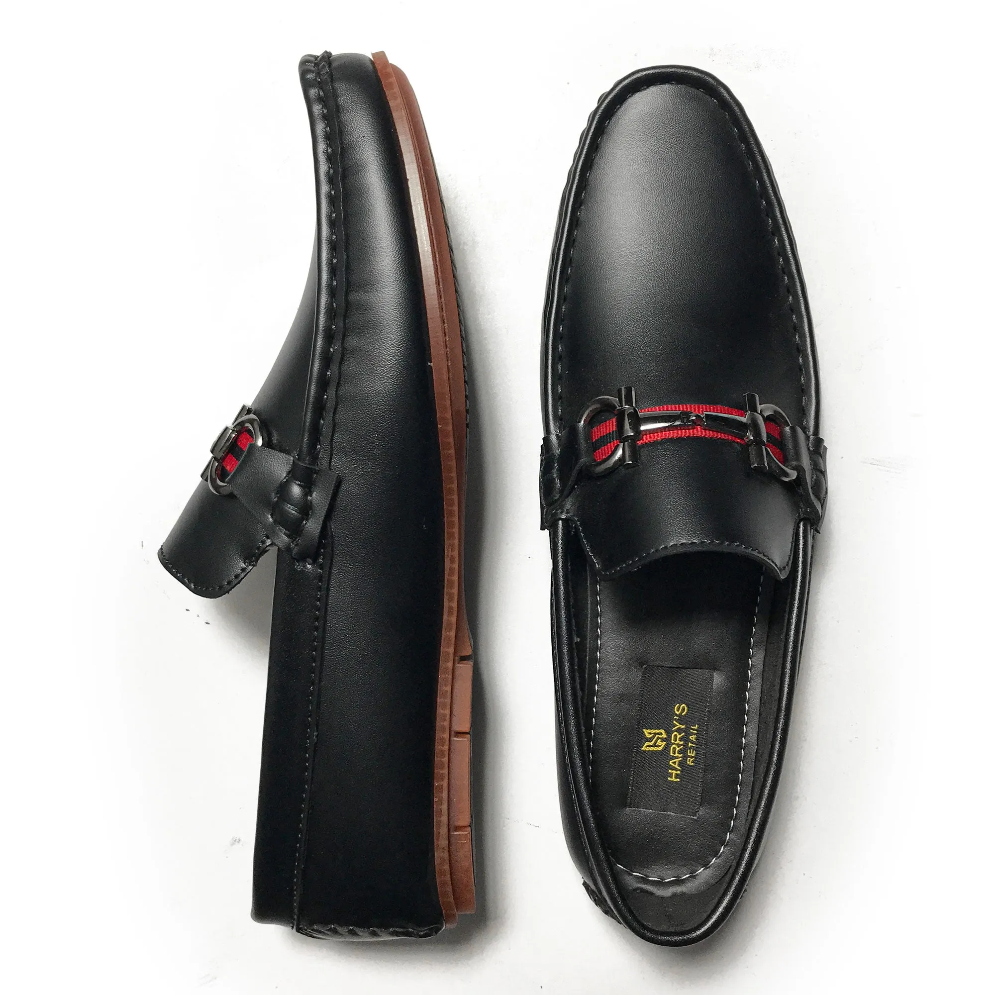 BLACK RED STRAP LOAFFERS