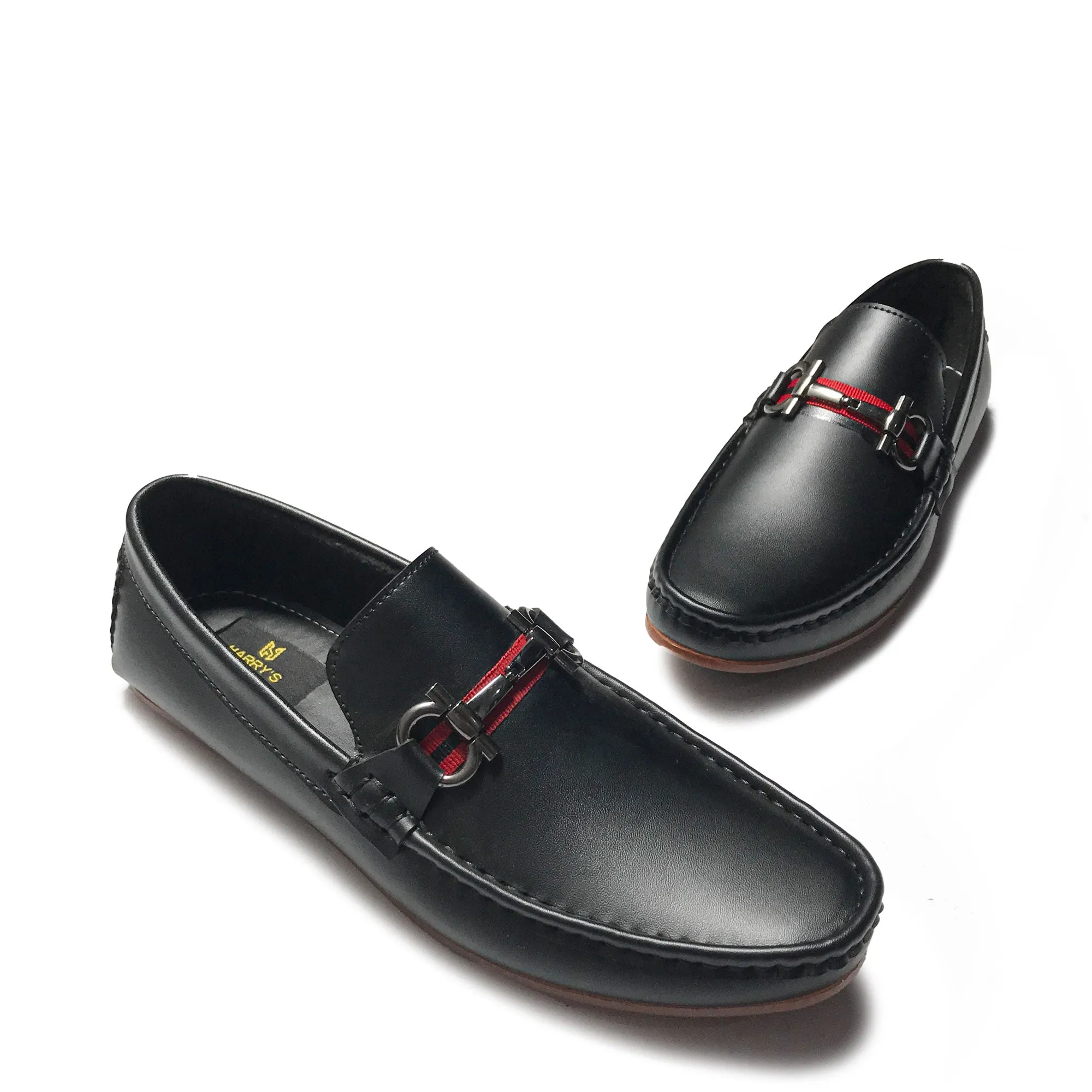 BLACK RED STRAP LOAFFERS