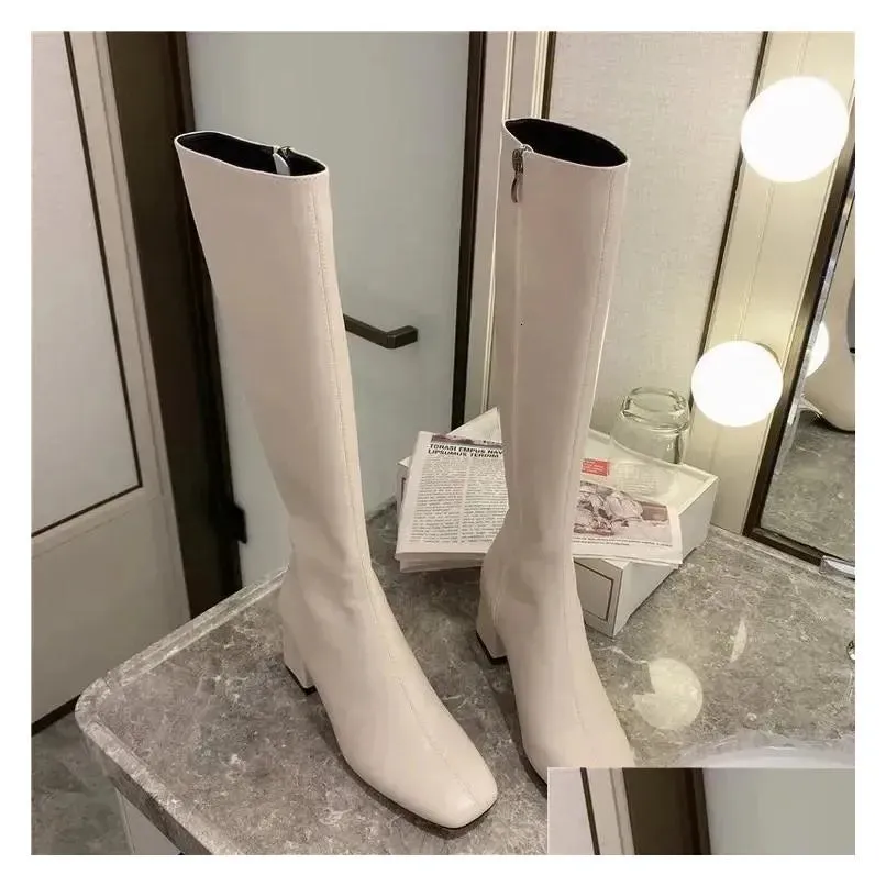 Boots Womens Knee Height 4Cm High Heels Leather Fetish Knight Fashion Low White Autumn High-Quality Shoes 240607 Drop Delivery Accesso Dhx5E