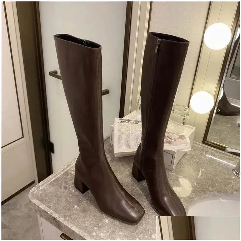 Boots Womens Knee Height 4Cm High Heels Leather Fetish Knight Fashion Low White Autumn High-Quality Shoes 240607 Drop Delivery Accesso Dhx5E