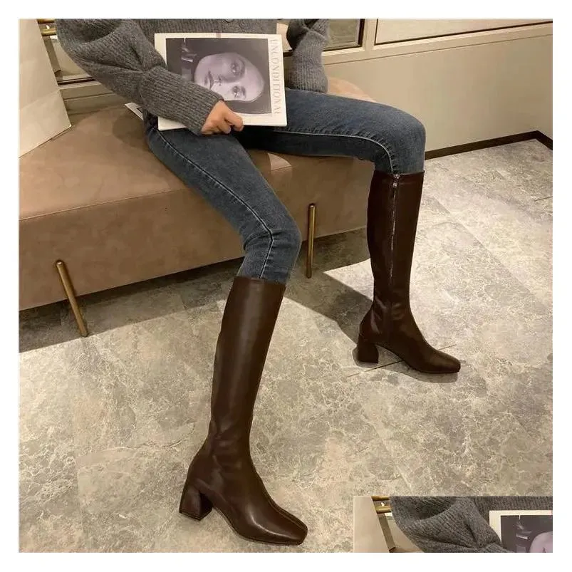 Boots Womens Knee Height 4Cm High Heels Leather Fetish Knight Fashion Low White Autumn High-Quality Shoes 240607 Drop Delivery Accesso Dhx5E