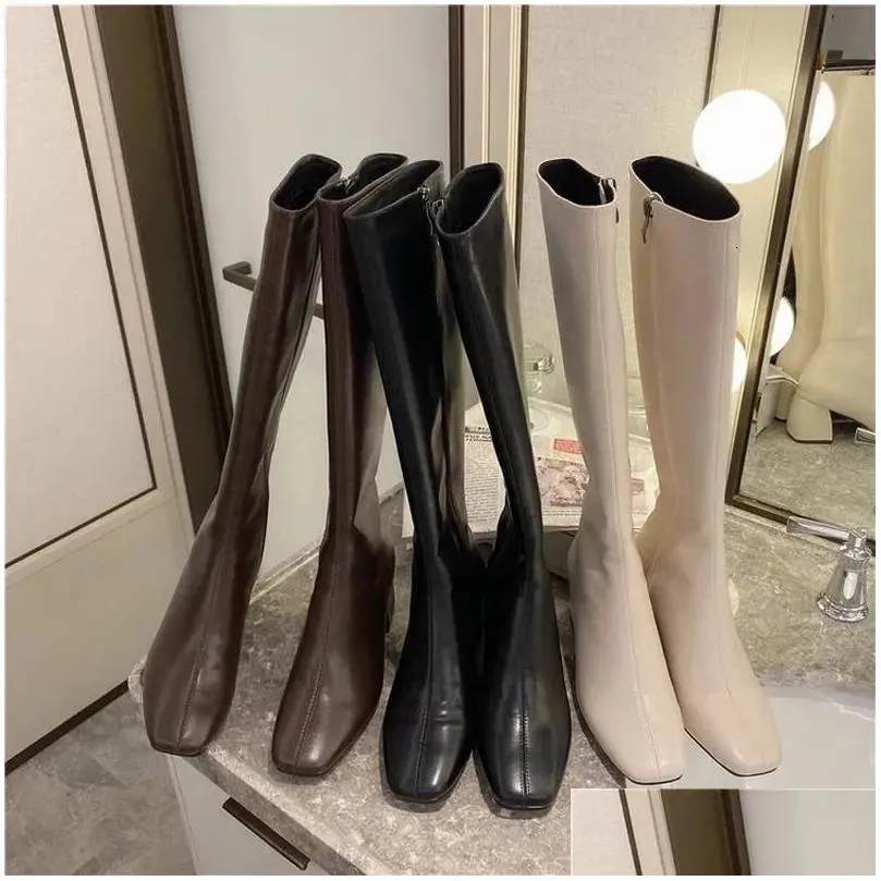 Boots Womens Knee Height 4Cm High Heels Leather Fetish Knight Fashion Low White Autumn High-Quality Shoes 240607 Drop Delivery Accesso Dhx5E