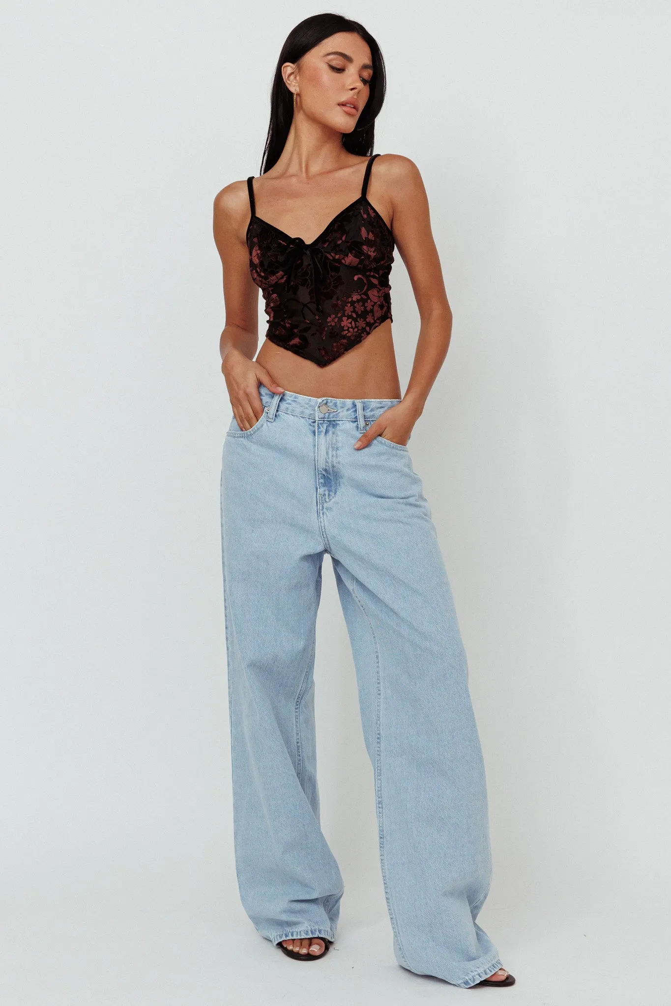 Caught Feelings Floral Velour Crop Top Black/Brown