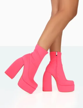 Charlie Neon Pink Nylon Platform Rounded Toe Block Heeled Ankle Boots