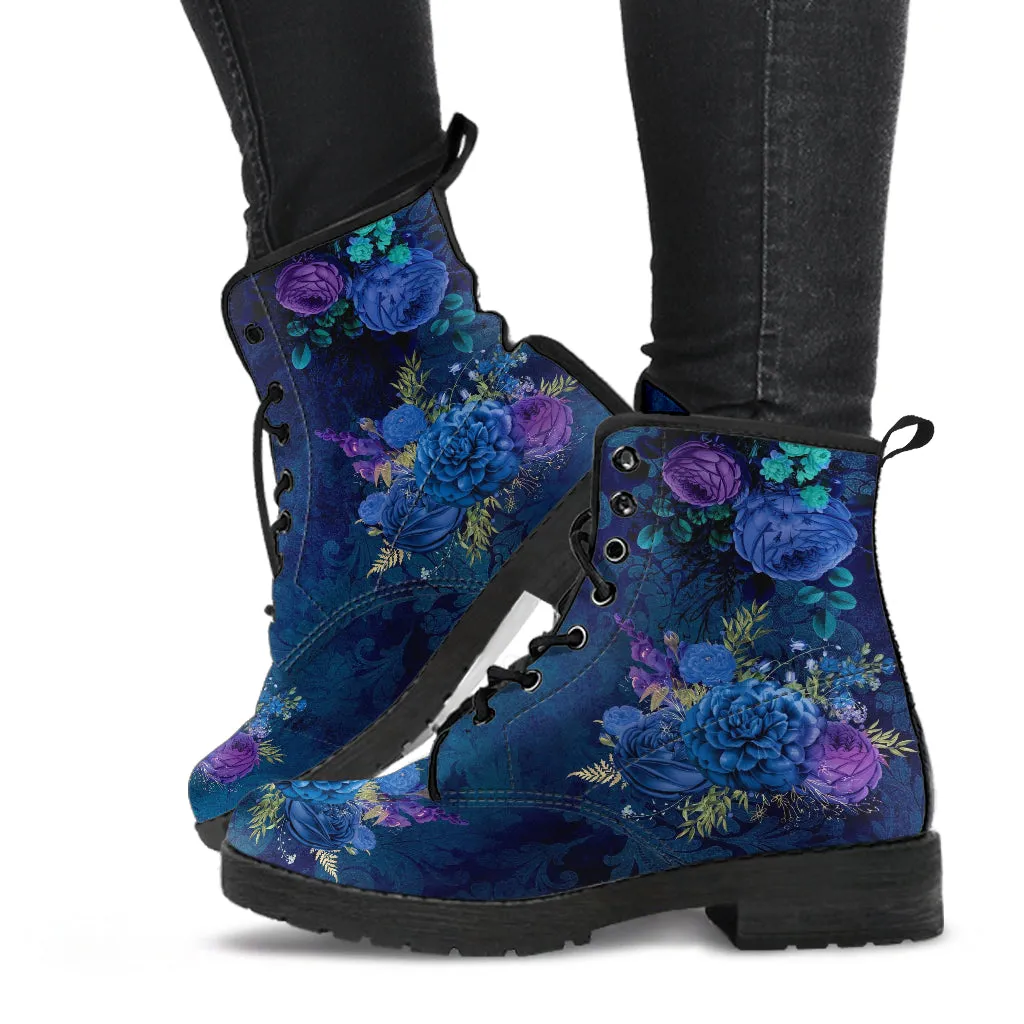 Combat Boots - Beautiful Flowers #101C | Women's Black Hipster Boots, Custom Shoes, Women's Boots, Vegan Leather Lace Up Boots Women
