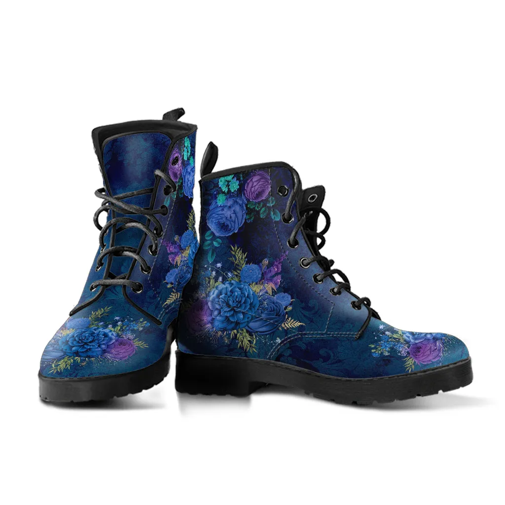 Combat Boots - Beautiful Flowers #101C | Women's Black Hipster Boots, Custom Shoes, Women's Boots, Vegan Leather Lace Up Boots Women
