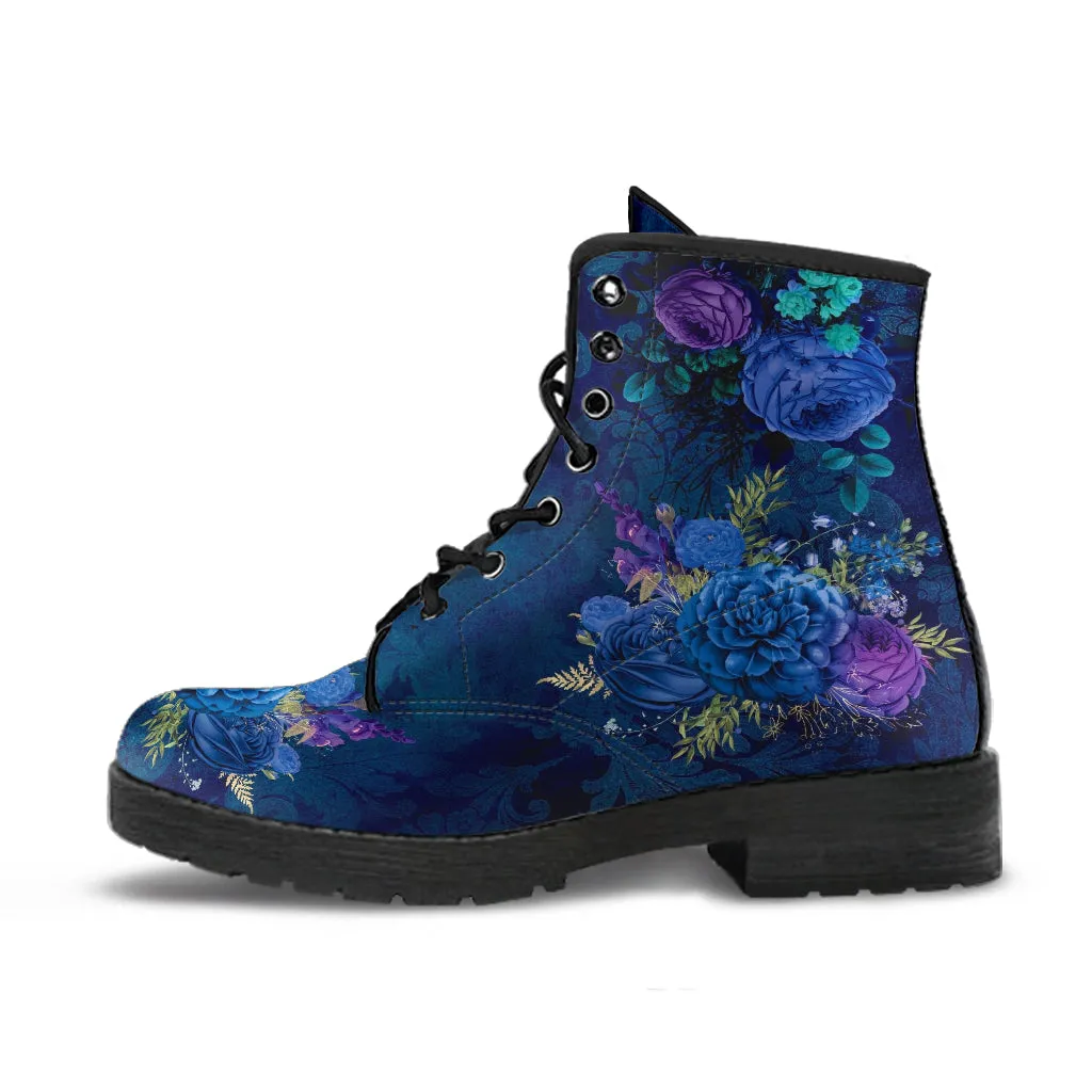 Combat Boots - Beautiful Flowers #101C | Women's Black Hipster Boots, Custom Shoes, Women's Boots, Vegan Leather Lace Up Boots Women
