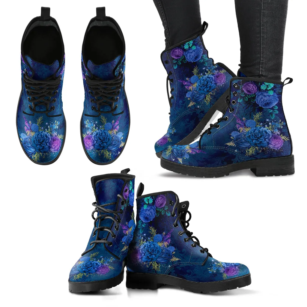 Combat Boots - Beautiful Flowers #101C | Women's Black Hipster Boots, Custom Shoes, Women's Boots, Vegan Leather Lace Up Boots Women