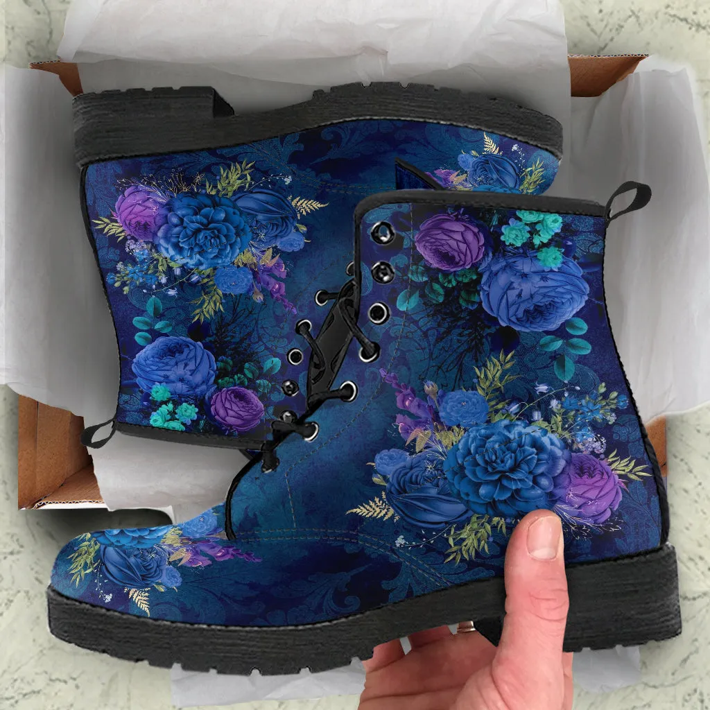 Combat Boots - Beautiful Flowers #101C | Women's Black Hipster Boots, Custom Shoes, Women's Boots, Vegan Leather Lace Up Boots Women