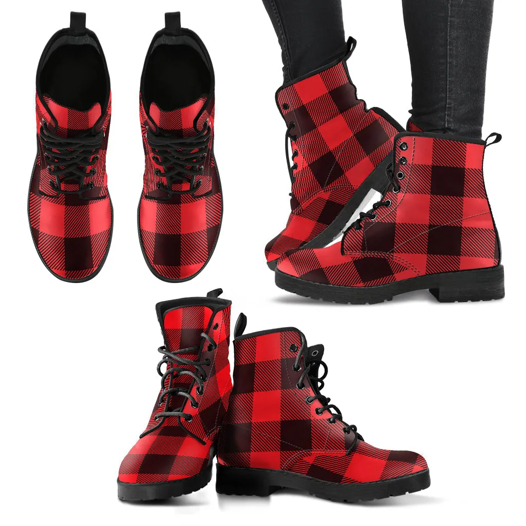 Combat Boots - Black & Red Plaid Boots | Red Boots, Handmade Lace Up Boots, Vegan Leather Lace Up Boots Women