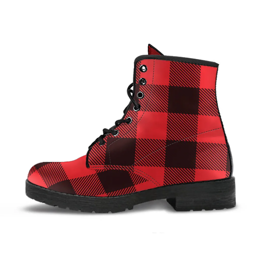 Combat Boots - Black & Red Plaid Boots | Red Boots, Handmade Lace Up Boots, Vegan Leather Lace Up Boots Women