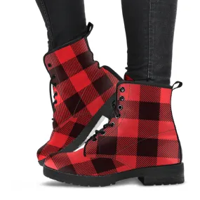 Combat Boots - Black & Red Plaid Boots | Red Boots, Handmade Lace Up Boots, Vegan Leather Lace Up Boots Women