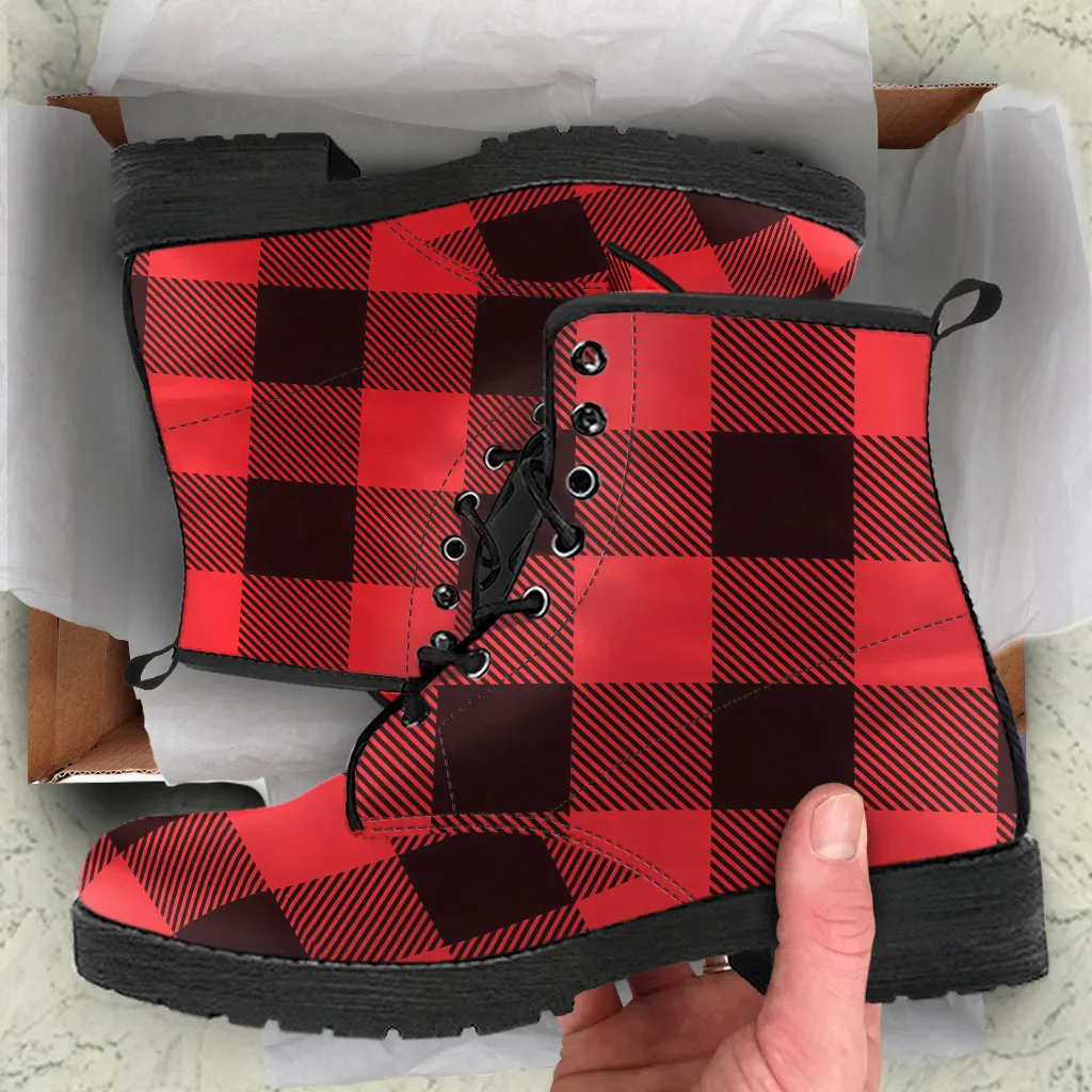 Combat Boots - Black & Red Plaid Boots | Red Boots, Handmade Lace Up Boots, Vegan Leather Lace Up Boots Women