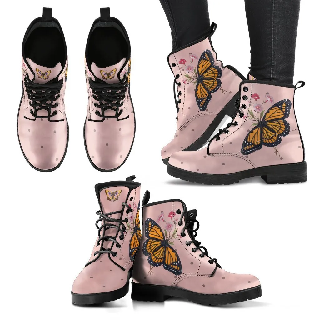 Combat Boots - Butterfly Shoes #101 Vintage | Blush Pink Flat Shoes, Vegan Leather Lace Up Boots, Handmade, Women’s Boots, Cute Kawaii