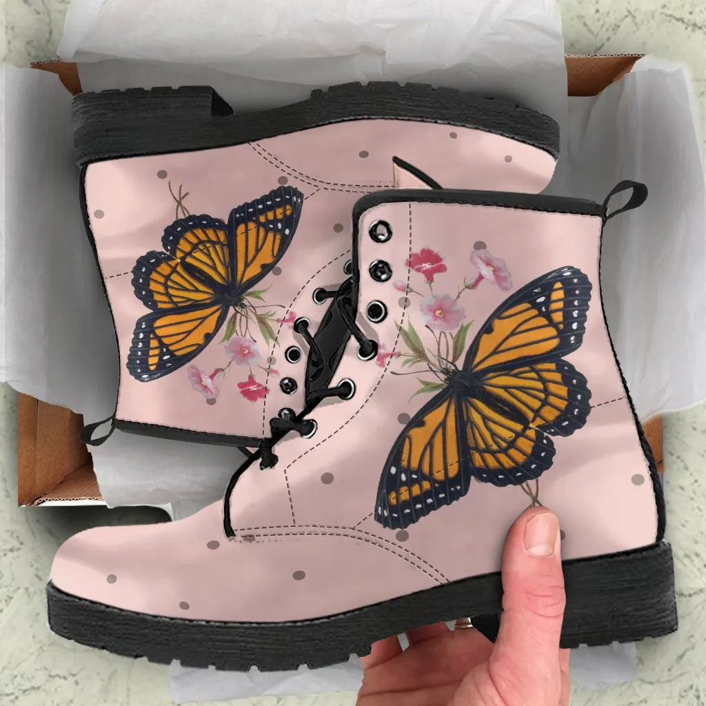 Combat Boots - Butterfly Shoes #101 Vintage | Blush Pink Flat Shoes, Vegan Leather Lace Up Boots, Handmade, Women’s Boots, Cute Kawaii