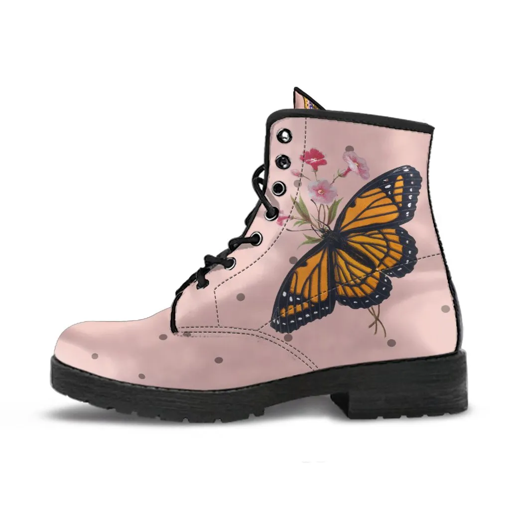 Combat Boots - Butterfly Shoes #101 Vintage | Blush Pink Flat Shoes, Vegan Leather Lace Up Boots, Handmade, Women’s Boots, Cute Kawaii