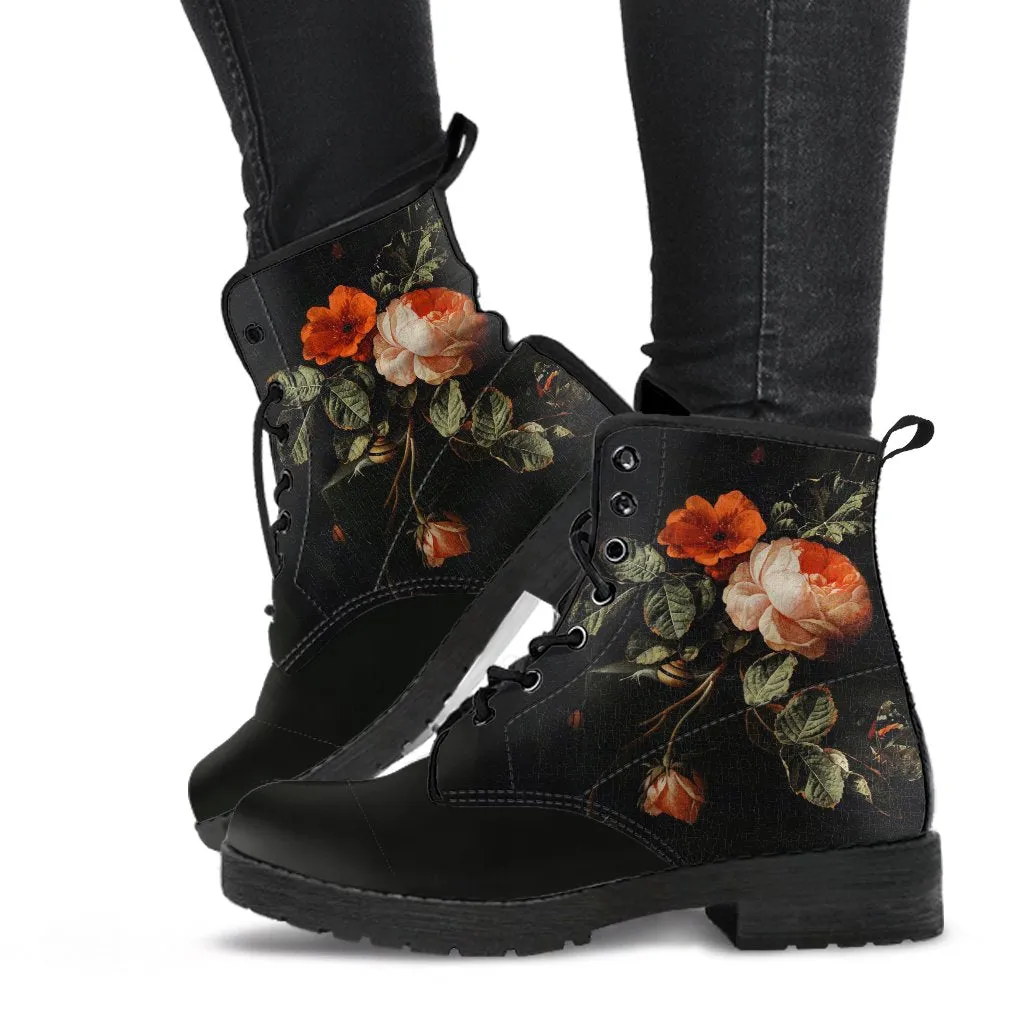 Combat Boots - Distressed Vintage Flower Art | Boho Shoes, Custom Shoes, Vegan Leather, Goth Boots, Gothic Boots