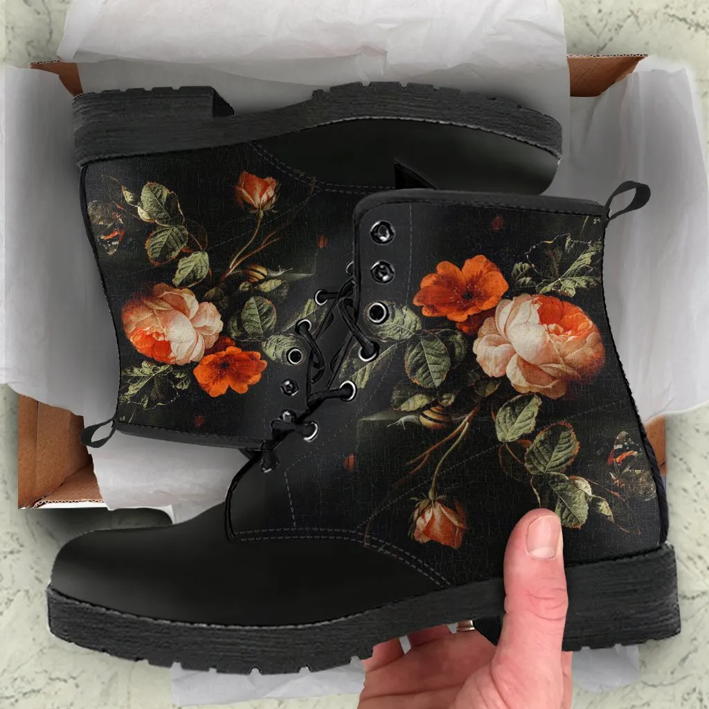 Combat Boots - Distressed Vintage Flower Art | Boho Shoes, Custom Shoes, Vegan Leather, Goth Boots, Gothic Boots