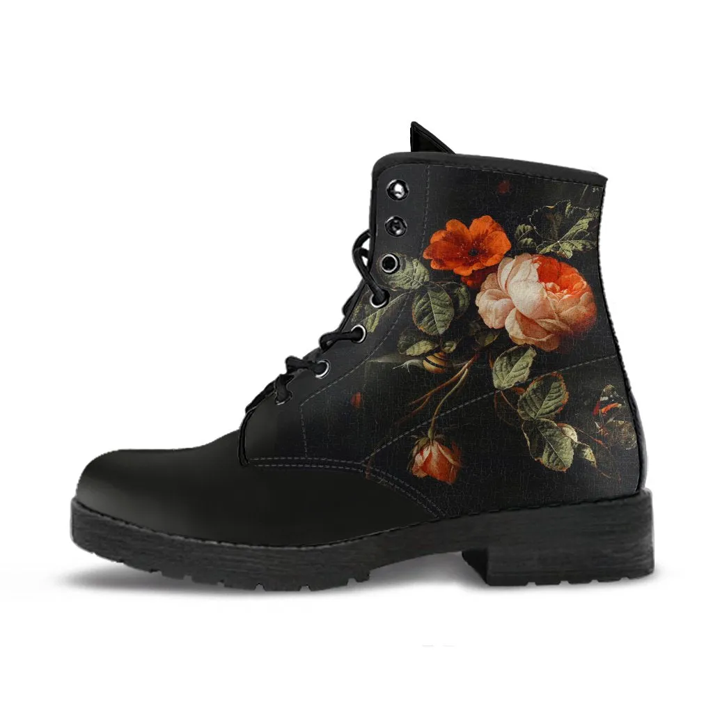 Combat Boots - Distressed Vintage Flower Art | Boho Shoes, Custom Shoes, Vegan Leather, Goth Boots, Gothic Boots