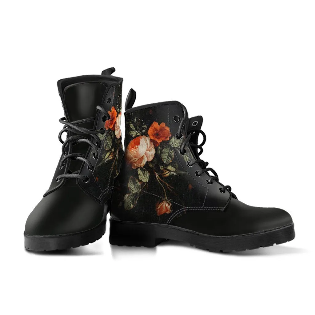 Combat Boots - Distressed Vintage Flower Art | Boho Shoes, Custom Shoes, Vegan Leather, Goth Boots, Gothic Boots