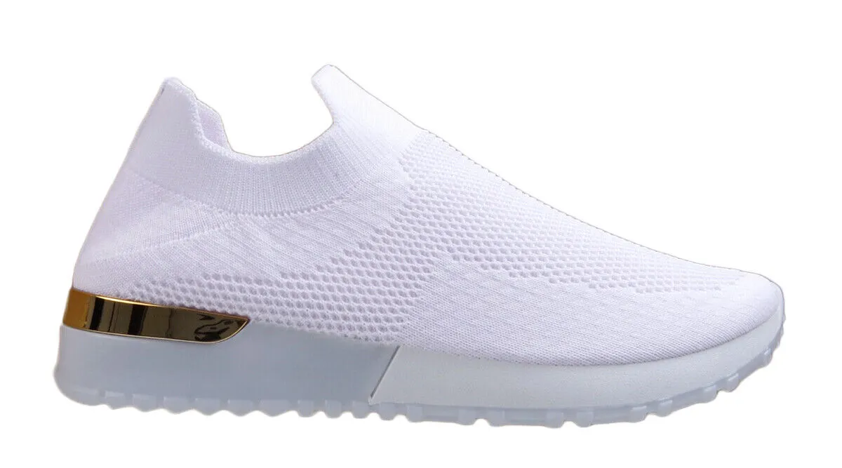 Copy of Serena Ladies Womens Sports Metallic Trim Slip On Trainers Sneakers Shoes White