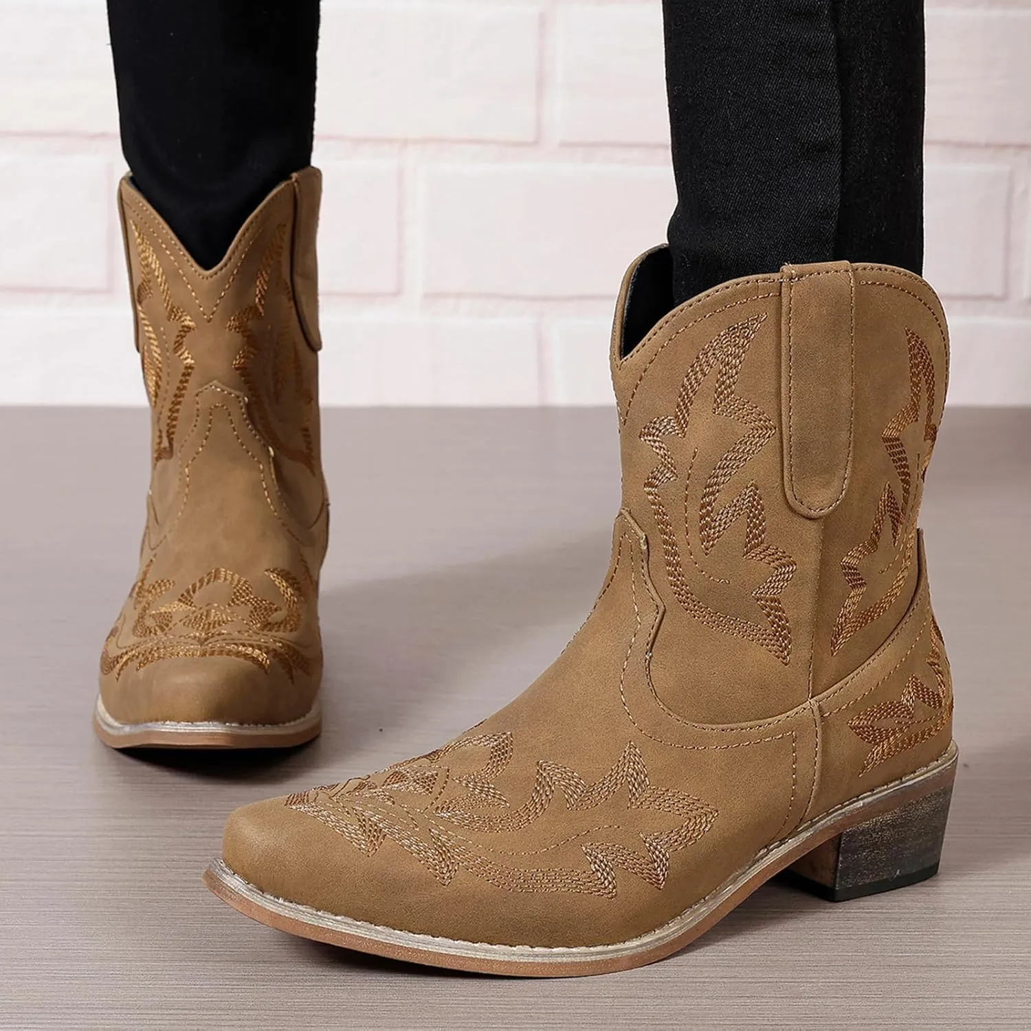 Cowboy Boots for Women Ankle Cowgirl Western Booties Stitched Embroidered Pointed Toe Classic Short Boots