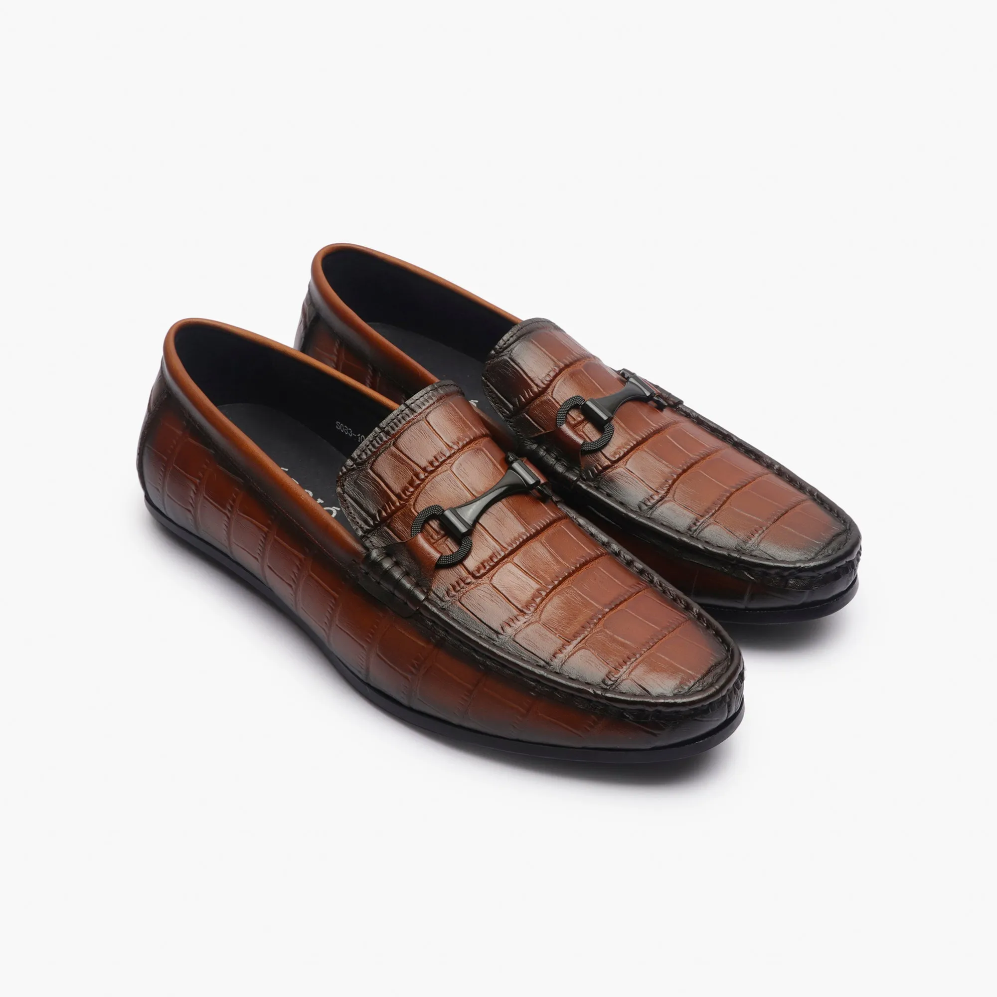 Croc Effect Loafers with Buckle