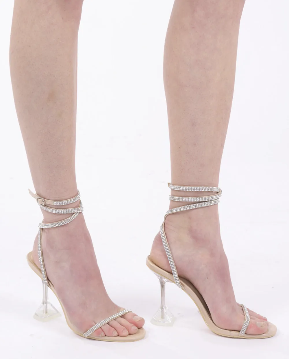 Daddy Catchers Lucite Rhinestone Strappy Sandal Heels - Nude