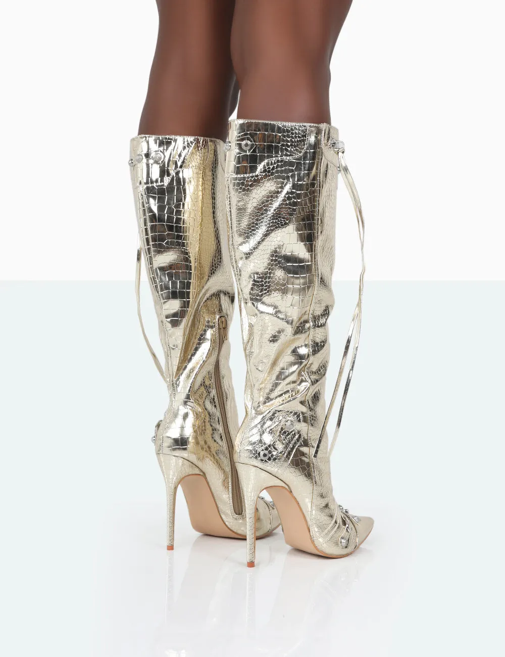 Davina Gold Croc PU Pointed Toe Zip Detail Knee High Boots