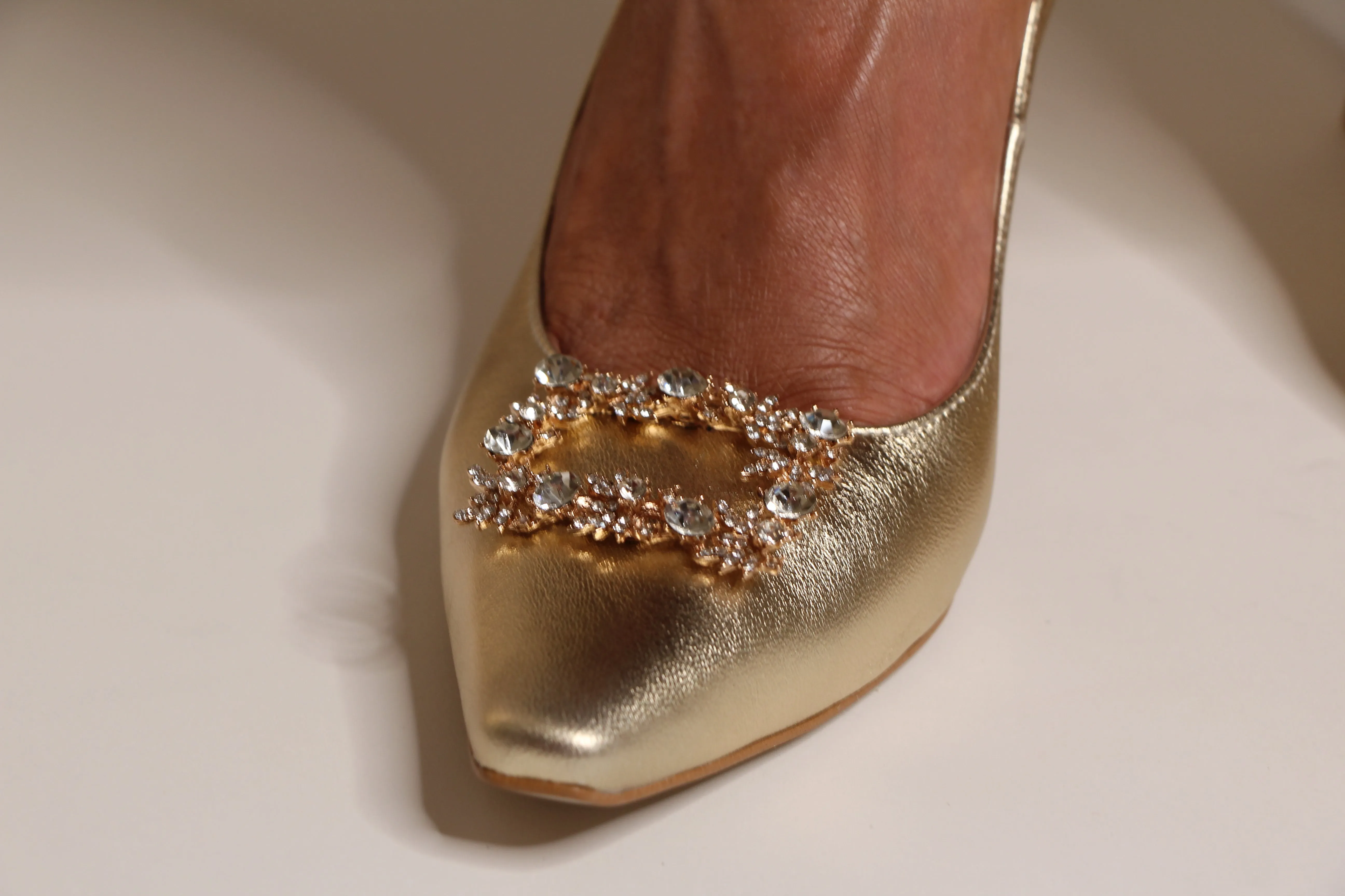 Fabucci Gold Leather Court Shoe with  Diamante Buckle