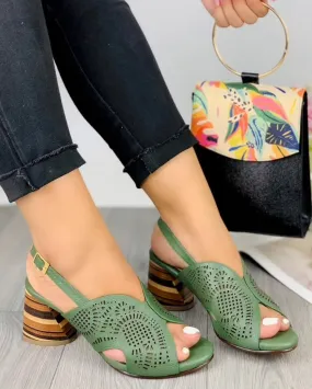 Green Medium Heel with Exquisite Pattern