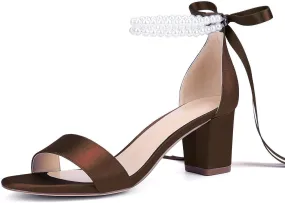 Isobud Women's Open Toe Pearl Wedding Shoes for Bride White Heels with Bow Bridal Shoes Chunky Block Satin Heels Sandals
