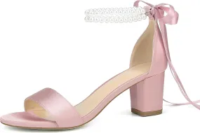 Isobud Women's Open Toe Pearl Wedding Shoes for Bride White Heels with Bow Bridal Shoes Chunky Block Satin Heels Sandals