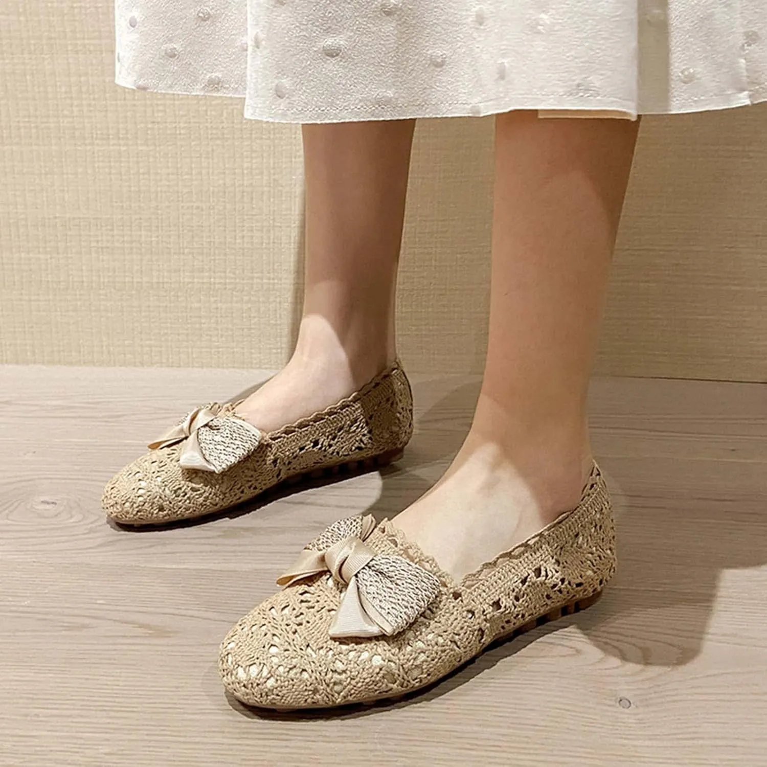 JOEupin Women's Foldable Flats Lace Breathable Round Toe Slip On Casual Ballet Flats Dress Shoes