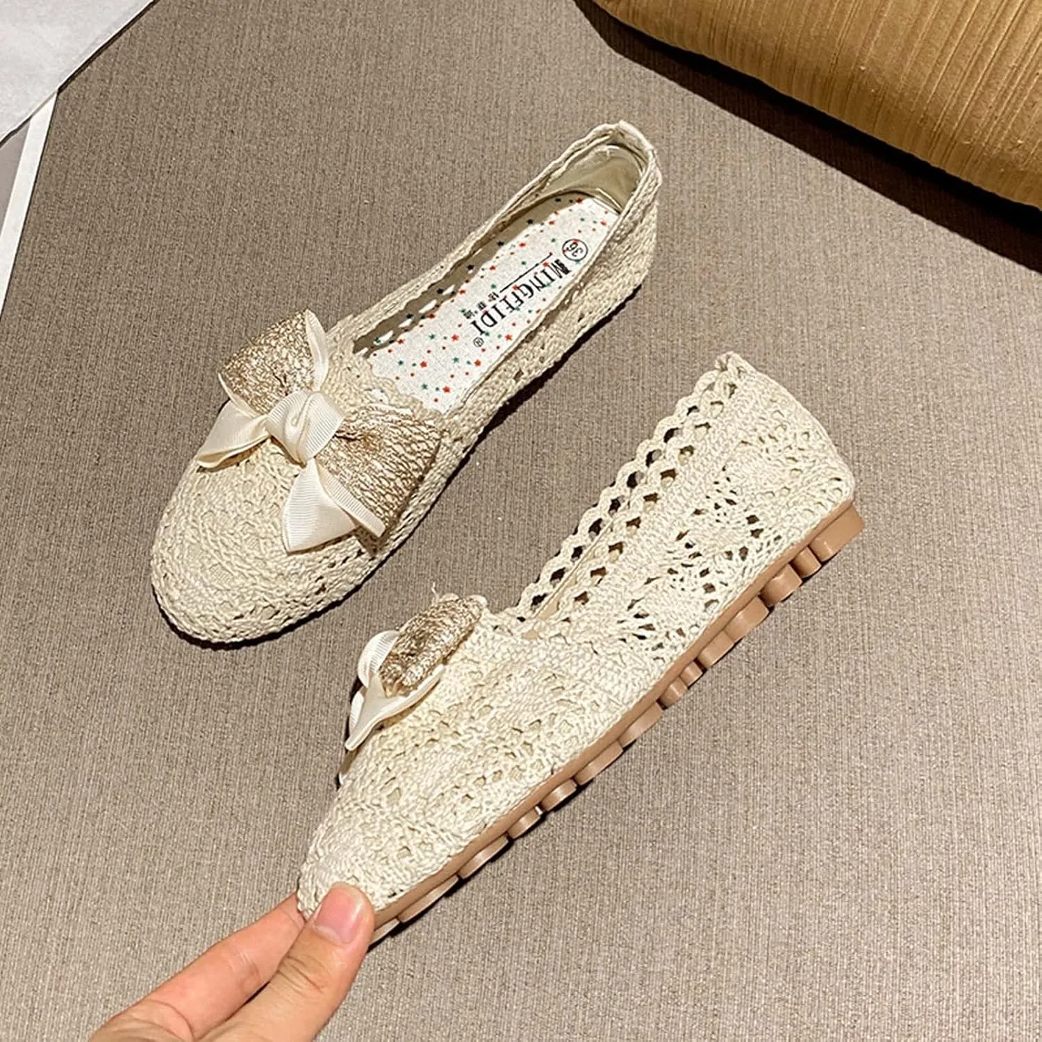 JOEupin Women's Foldable Flats Lace Breathable Round Toe Slip On Casual Ballet Flats Dress Shoes